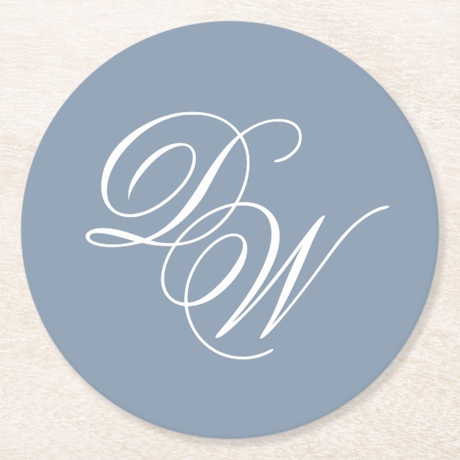 Einfaches Hochzeitsskript für Monogram Dusty Blue Runder Pappuntersetzer (Vorderseite)