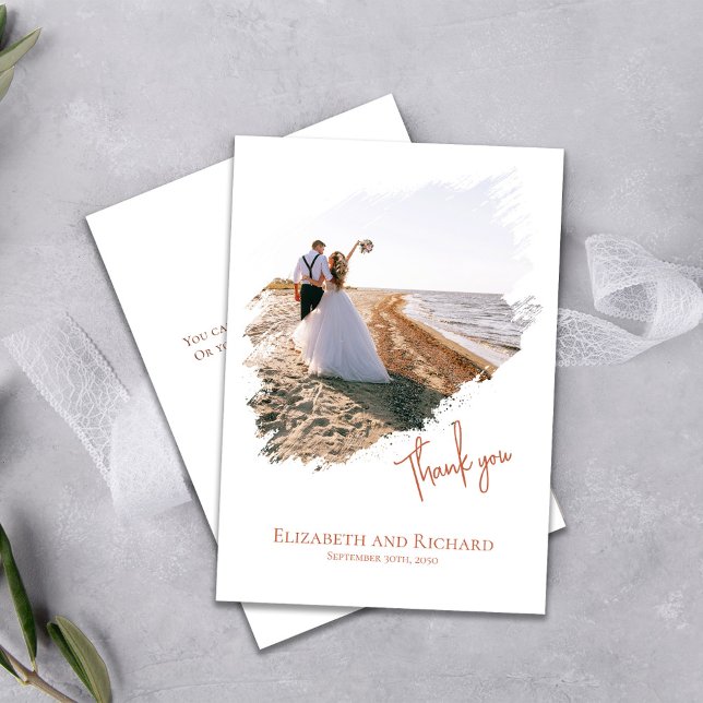 Einfaches Hochzeitsstipendium für Foto Danke Custo (Elegant photo with brush stroke effects wedding thank you card.)