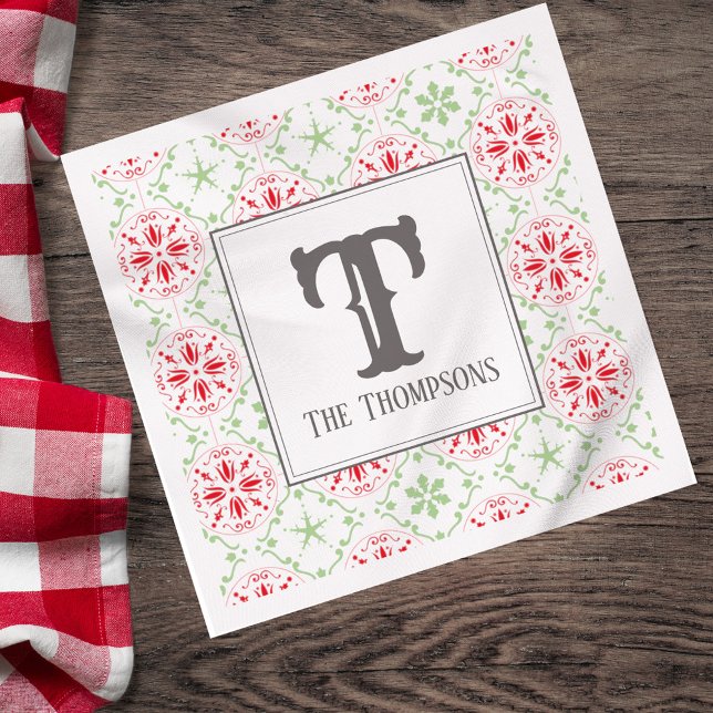 Einfaches Holiday Snowflake Muster Monogram Initia Serviette (Personalized Christmas monogram napkin with red snowflake pattern.)