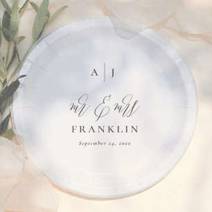 Einfaches Kalligrafie-Monogramm Mr & Mrs Hochzeit Pappteller