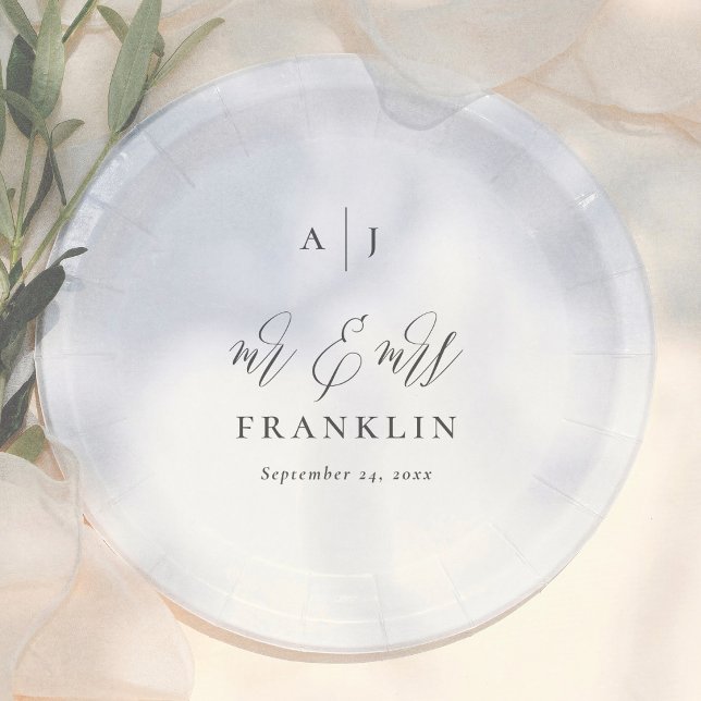 Einfaches Kalligrafie-Monogramm Mr & Mrs Hochzeit Pappteller (Von Creator hochgeladen)