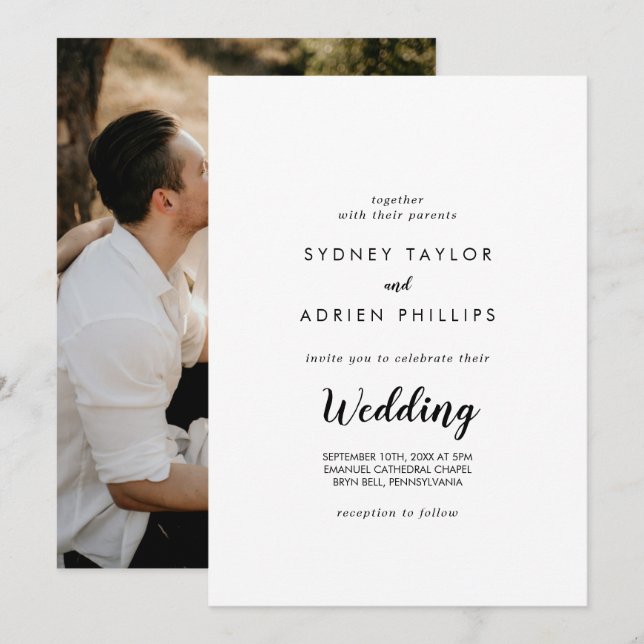 Einfaches kalligrafisches Foto Informelle Hochzeit Einladung (Vorne/Hinten)