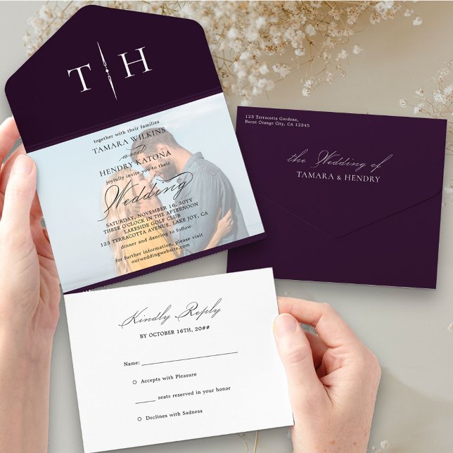 Einfaches kalligrafisches Foto Lila UAWG Wedding All In One Einladung (Von Creator hochgeladen)