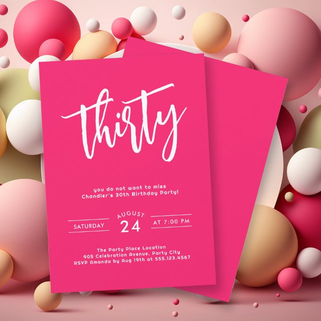 Einfaches, kaltrosa Party 30. Geburtstag Einladung (Get the party started with this bright bold hot pink birthday party invitation. 
)