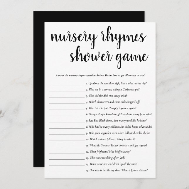 Einfaches Kinderzimmer Rhymes | Schwarz-Weiß-Spiel Einladung (Vorne/Hinten)