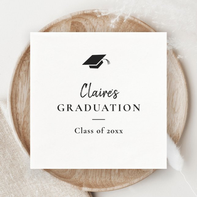 Einfaches klassisches Abschluss Serviette (Modern Handwritten Black and White Cap Graduation Party Napkins.)