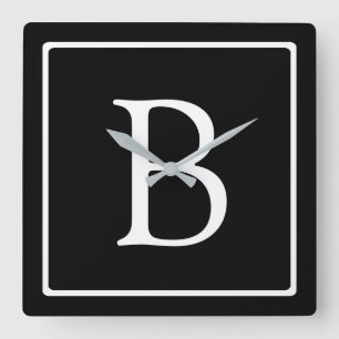 Einfaches klassisches Monogramm Schwarz mit weiß Quadratische Wanduhr