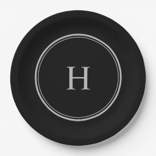 Einfaches klassisches Schwarz mit grauem Monogramm Pappteller
