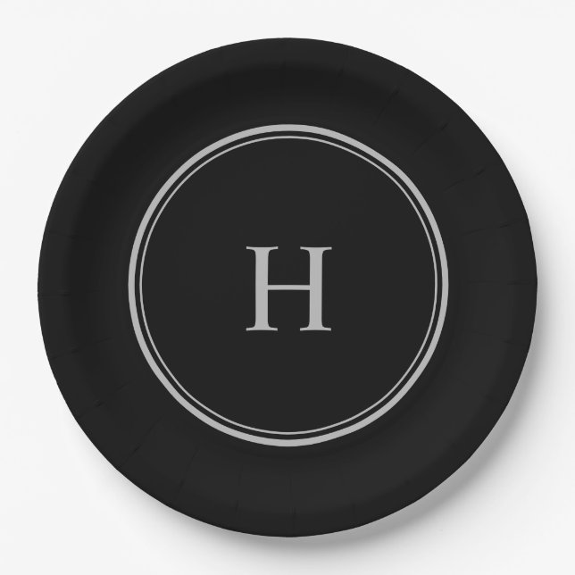 Einfaches klassisches Schwarz mit grauem Monogramm Pappteller (Vorderseite)