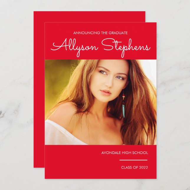 Einfaches, klassisches Script-One-Foto Red | Weiße Ankündigung (Vorne/Hinten)