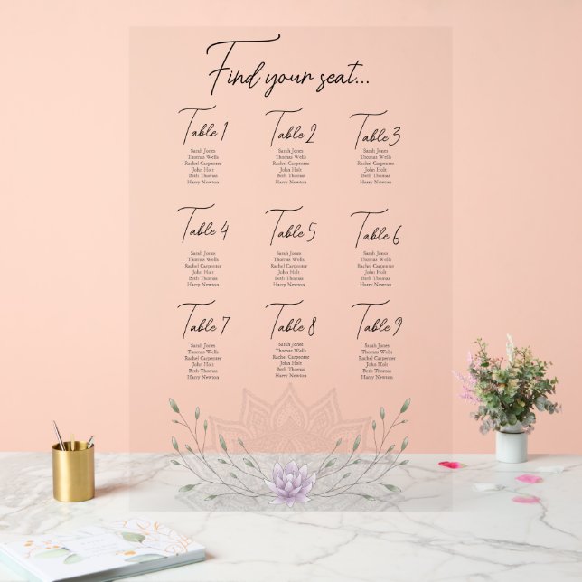 Einfaches Leaf & Pink Lotus Mandala Hochzeitsstuhl Acrylschild (Hochzeit)