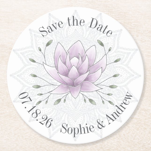 Einfaches Leaf und Lotus mit Mandala Save the Date Runder Pappuntersetzer (Vorderseite)