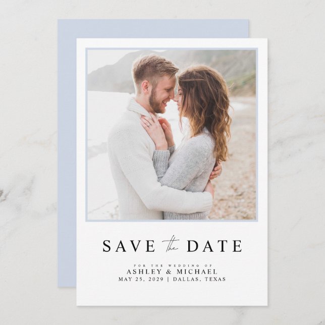 Einfaches Light Blue Modernes Script Foto Hochzeit Save The Date (Vorne/Hinten)