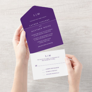 Einfaches lila Monogramm Elegante Hochzeit All In One Einladung