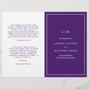 Einfaches lila Monogramm Elegantes Hochzeitsprogra