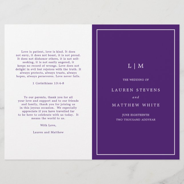 Einfaches Lila Monogramm-Hochzeitsprogramm (Vorderseite)