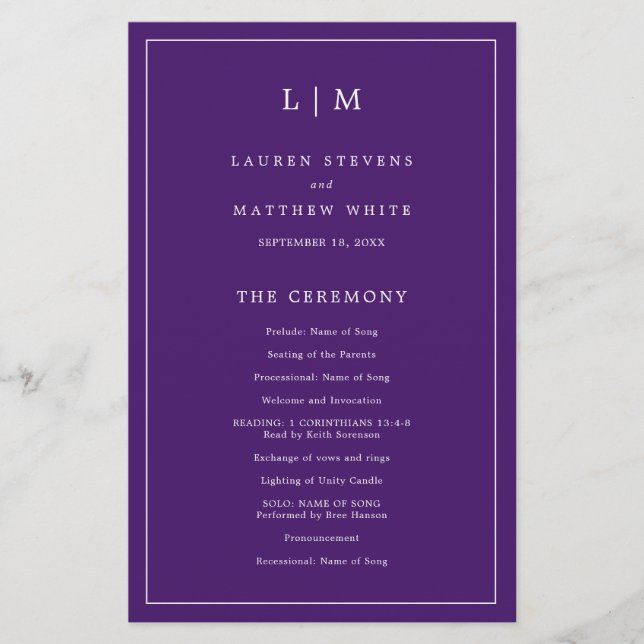 Einfaches Lila Monogramm-Hochzeitsprogramm Flyer (Vorne)