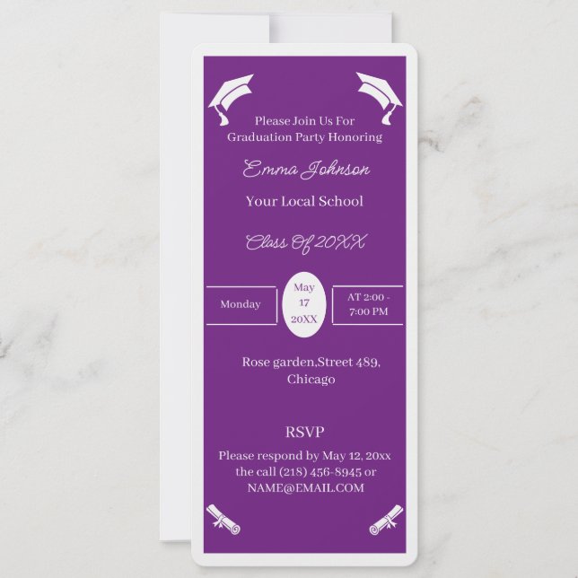 Einfaches Lila und weißes Personalisiertes Abschlu Einladung (Vorderseite)