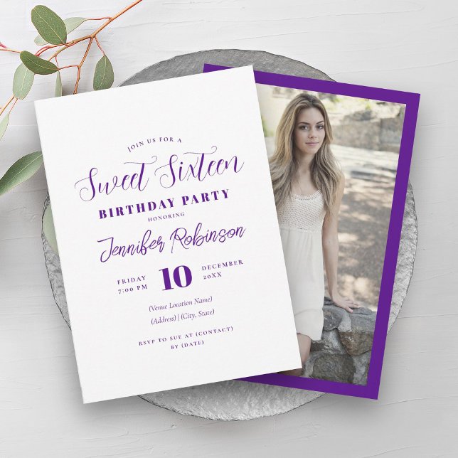 Einfaches Lila weißes Foto Sweet 16 16 Einladung (Simple Modern Purple White Photo Sweet 16 Sixteen Invitation)