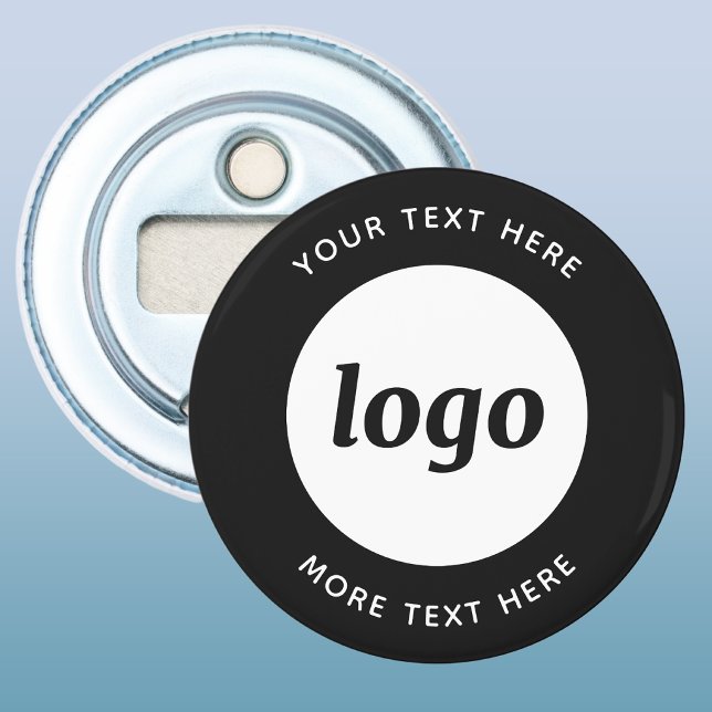 Einfaches Logo mit Textwerbung Flaschenöffner (Simple logo with custom text business branding promotional button bottle opener in black and white)