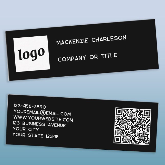 Einfaches Logo und QR-Code Schwarz Mini Visitenkarte (Logo QR code and text custom black mini business card)
