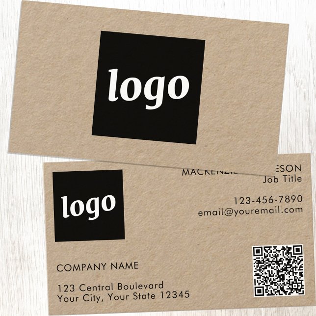 Einfaches Logo und Text QR-Code Kraft Visitenkarte (Logo with QR code and custom text Kraft business cards)
