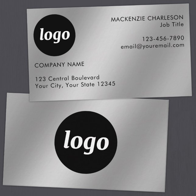 Einfaches Logo und Text Silber-Effekt Visitenkarte (Simple logo with custom text business branding promotional business card with silver metallic effect)