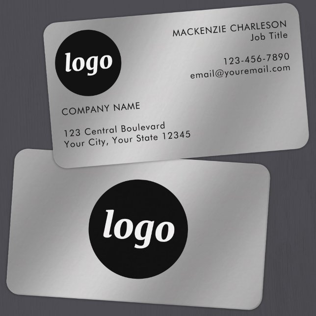 Einfaches Logo und Text Silber-Effekt Visitenkarte (Simple logo with custom text business branding promotional silver metallic effect business cards)