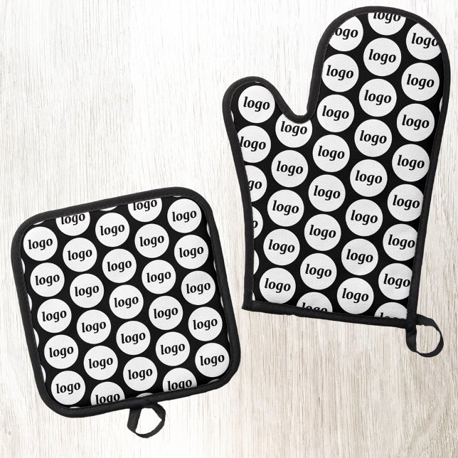Einfaches Logo-Werbemuster Schwarz Ofenhandschuh & Topflappen-Set (Logo pattern business branding promotional oven glove or mitt and pot holder)