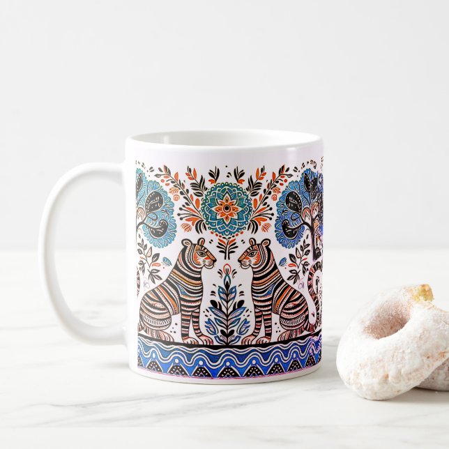 einfaches madhubanisches Gemälde Kaffeetasse (Mit Donut)