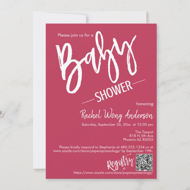 Einfaches Magenta Script Baby Dusche QR Code Foto Einladung (Vorderseite)