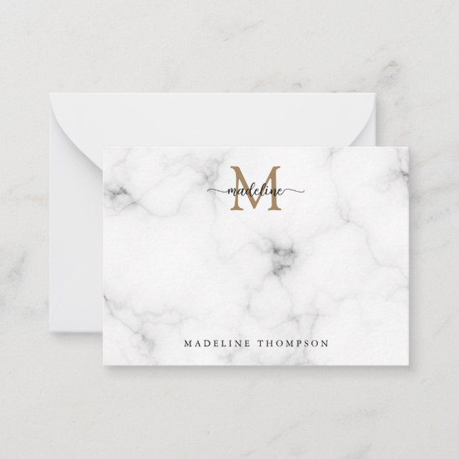 Einfaches Marmor-Gold-Girly-Script-Monogramm Mitteilungskarte (Vorderseite)