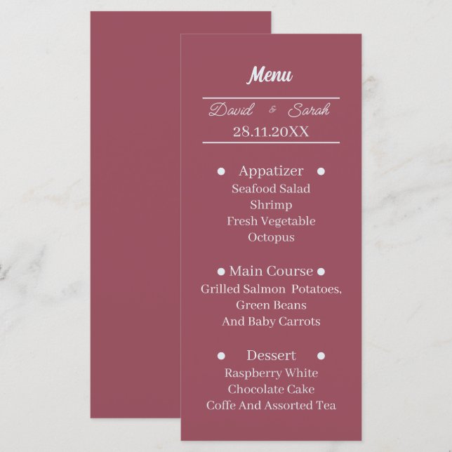 Einfaches Maroon Custom Wedding Dinner Menükarte (Vorne/Hinten)