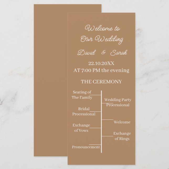 Einfaches maßgeschneidertes Braun-Hochzeitsprogram (Vorne/Hinten)