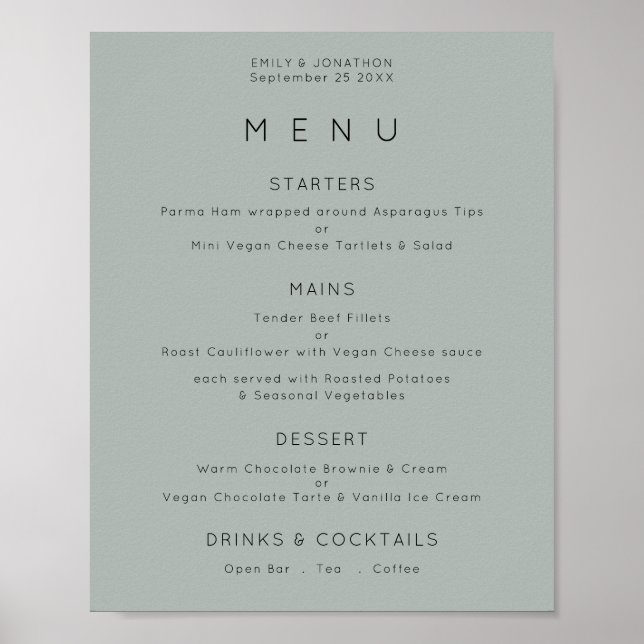 Einfaches Menü auf Silvery Sage Green Wedding Poster (Vorne)