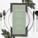 Einfaches Menü für grüne Hochzeitsnacht mit Farbe  Menükarte<br><div class="desc">Einfaches Menü mit Vollfarbenlicht und grünem Hochzeitsmenü. Diese moderne, schicke Menu-Karte ist einfach klassisch und elegant mit einem schlichten, soliden Hintergrund und einem hübschen Signatur-Script-Kalligraphie-Schriftart mit Schwänzen. Im neuen Farbraum gezeigt. Mit einem hübschen Monogramm auf der Rückseite. Erhältlich in mehreren Farboptionen, oder fühlen Sie sich frei, die Farben aus dem...</div>