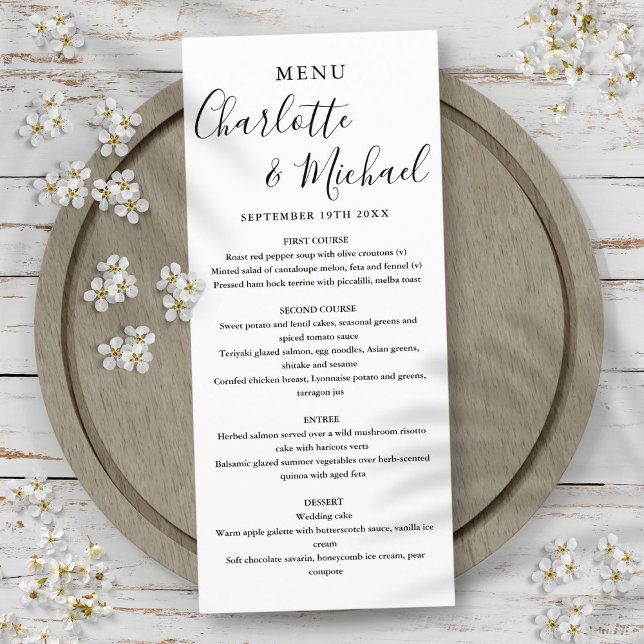 Einfaches Menü für Schwarz-weiße Signaturen Menükarte (Simple Black White Signature Script Wedding Menu)