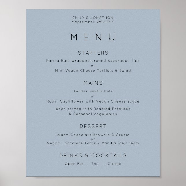 Einfaches Menü mit Text Dusty Blue Wedding Poster (Vorne)