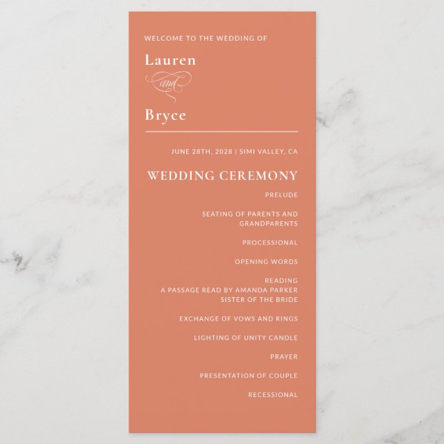 Einfaches Minimal Bold Orange Citrus Wedding Progr (Vorderseite)