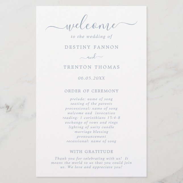 Einfaches Minimal Dusty Blue Budget Hochzeitsprogr Flyer (Vorne)