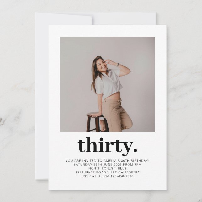 Einfaches Minimal Foto 30. Geburtstag Einladung (Vorderseite)