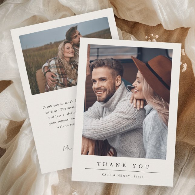 Einfaches Minimal Wedding Foto Dankeskarte (Simple minimal double-sided 2 photo wedding thank you cards. 
)