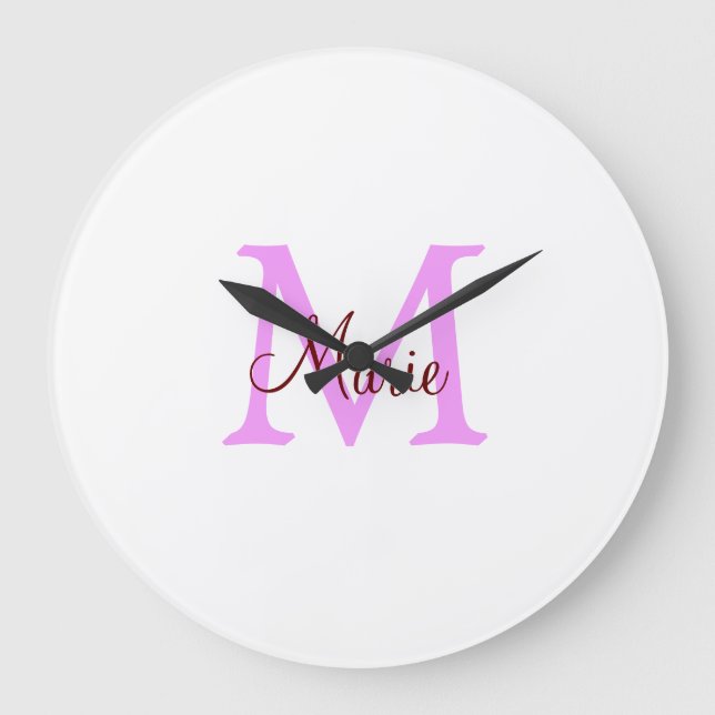 einfaches minimales Namenmonogramm rosa rot  Große Wanduhr (Vorderseite)