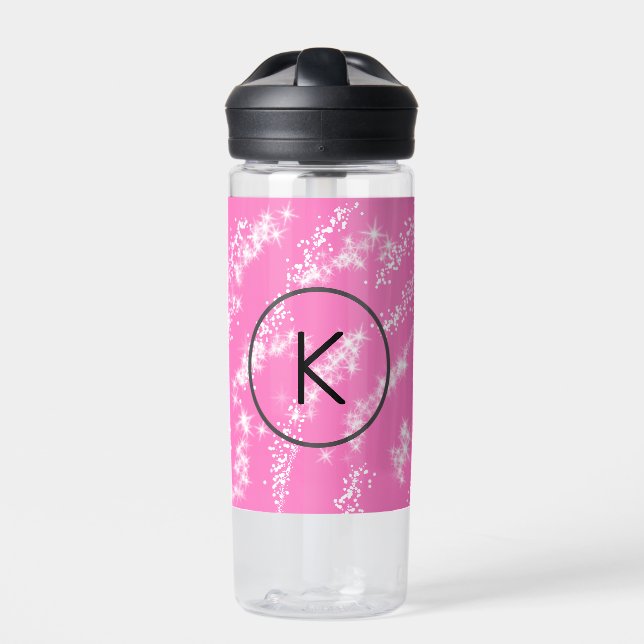 einfaches minimales weißes Monogramm rosa Glitter- Trinkflasche (Vorderseite)
