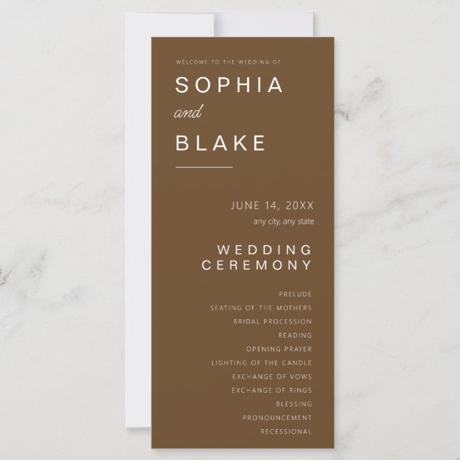 Einfaches Minimalistisch Dark Brown Hochzeitsprogr (Vorderseite)