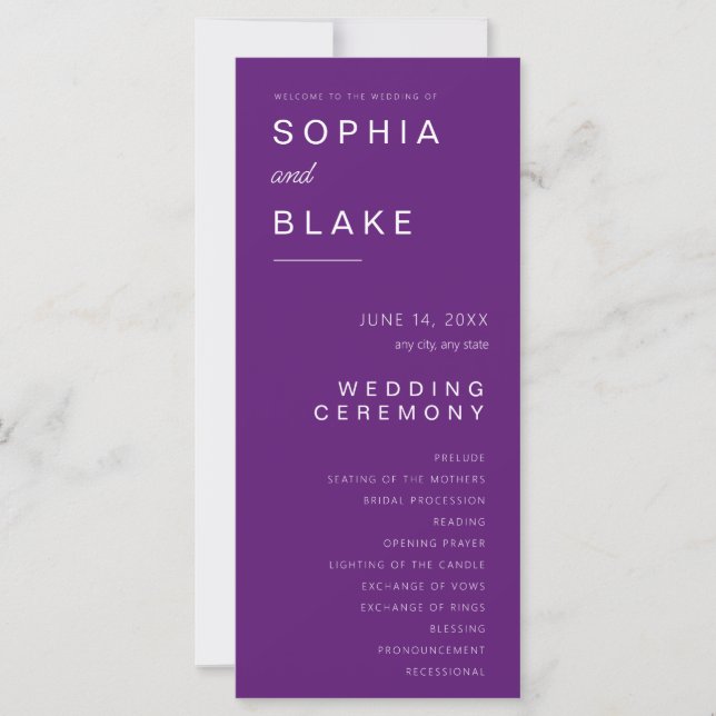 Einfaches Minimalistisch Dark Lila Hochzeitsprogra (Vorderseite)