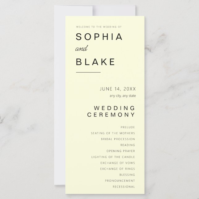 Einfaches Minimalistisch-hellgelbes Hochzeitsprogr (Vorderseite)