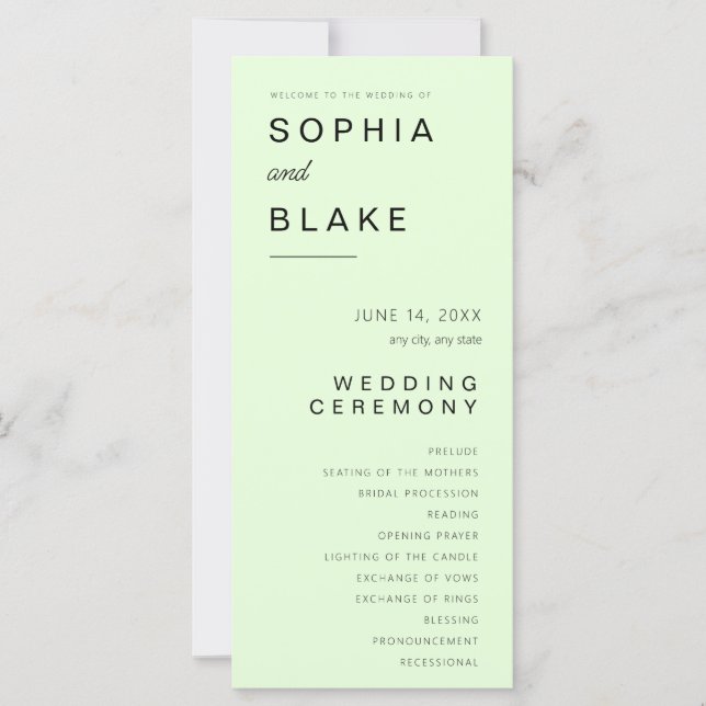 Einfaches Minimalistisch-Light-Green-Hochzeitsprog (Vorderseite)