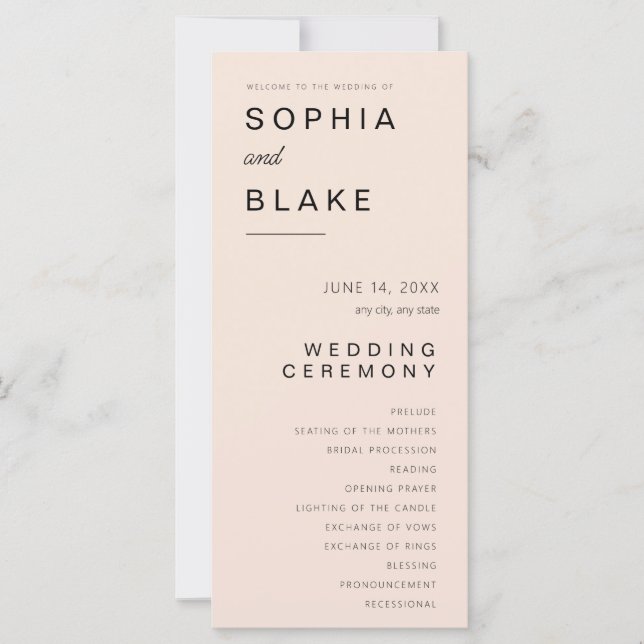 Einfaches Minimalistisch-Pink-Creme-Hochzeitsprogr (Vorderseite)