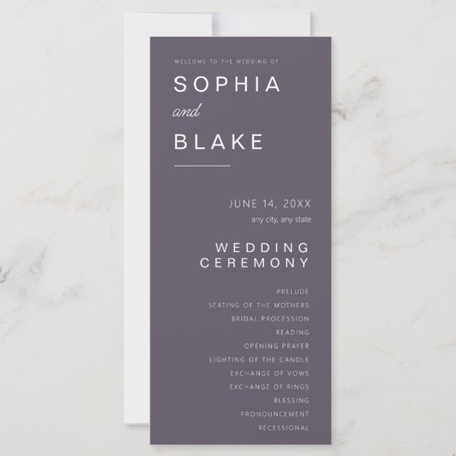 Einfaches Minimalistisch-Rauch-Grau-Hochzeitsprogr (Vorderseite)